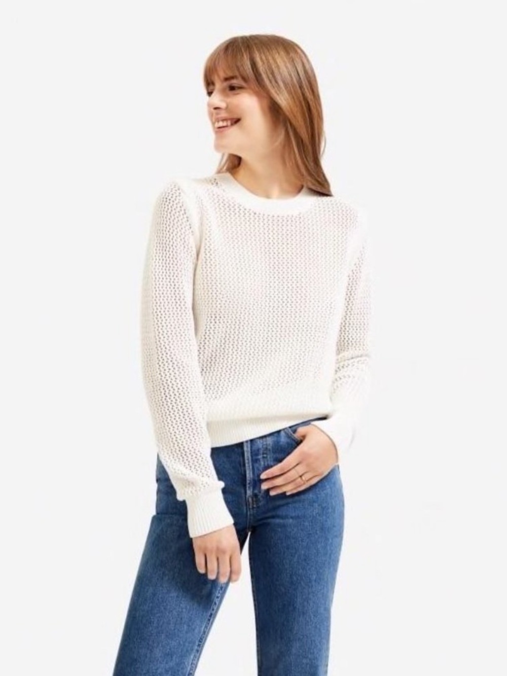 🤍EVERLANE The Mesh Cotton Crew Sweater in Cream White • NWOT